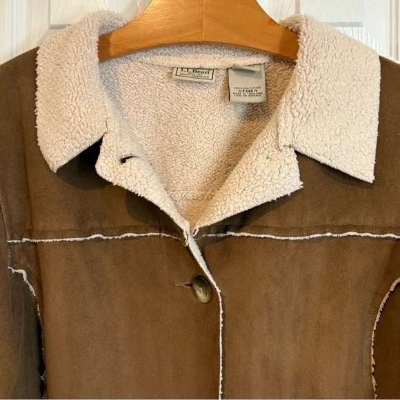 L.L. Bean Faux Suede Sherpa Lined Coat Jacket, Brown Button Up Women's Large - Picture 8 of 11